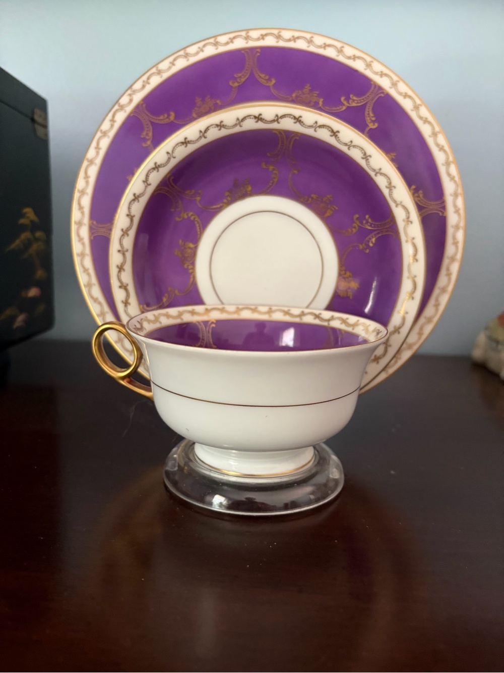 Purple and Gold Trim Porcelain Teacup and Saucer Set